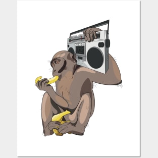 Funky monkey eating a banana listening to a boombox Posters and Art